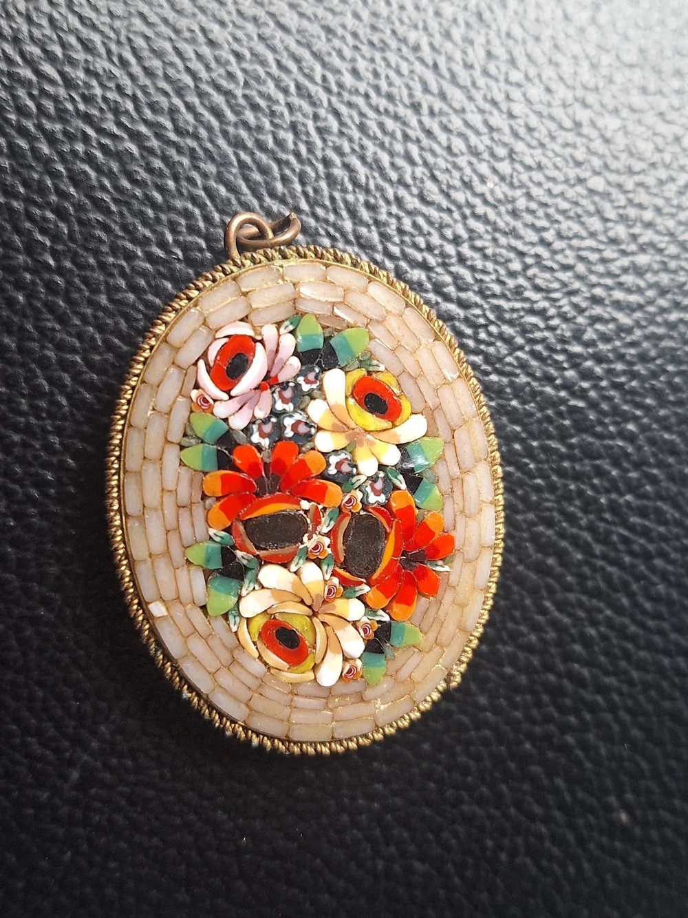 Vintage Floral Micro-Mosaic Pendant in Red, Yellow & Green